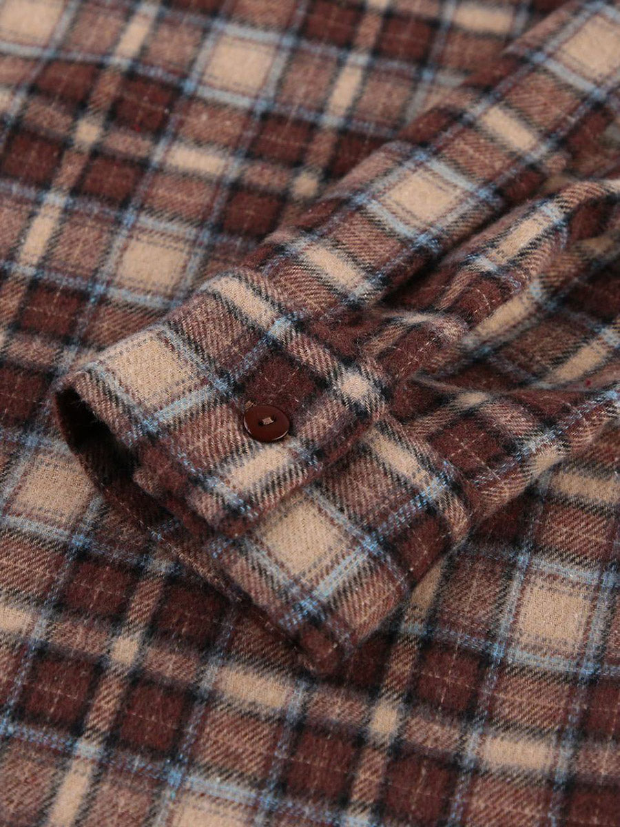 Oversized brown check shacket with a contrast collar and chest pockets