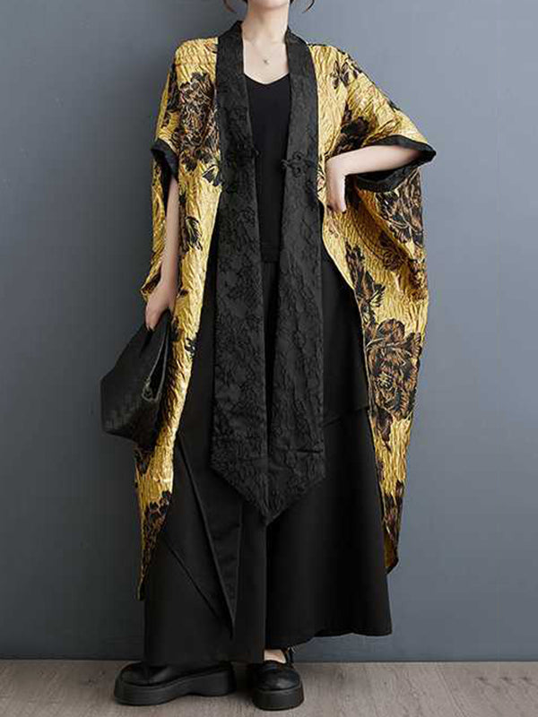 Gold brocade jacket with raised black flowers and batwing sleeves