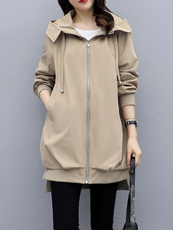 Longline hooded jacket with a zip front and slanted pockets