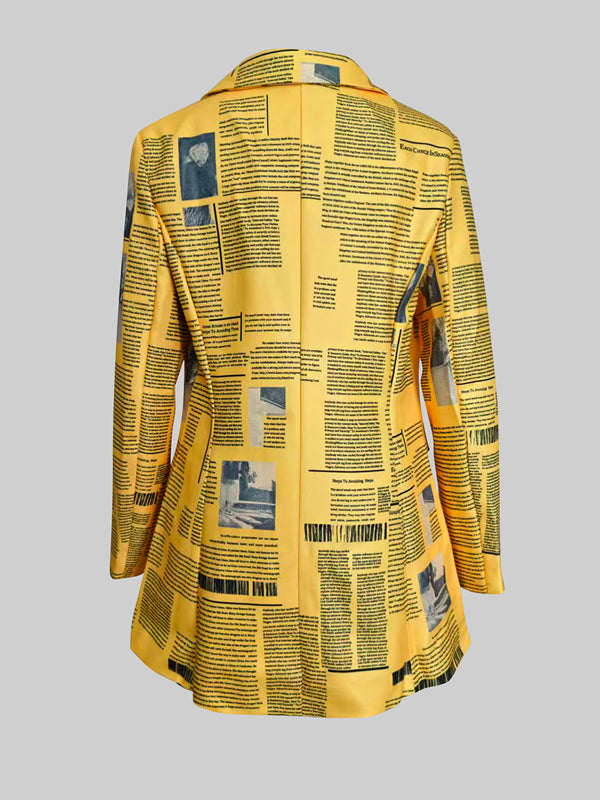 Fitted yellow blazer printed with newspaper columns and a peak lapel
