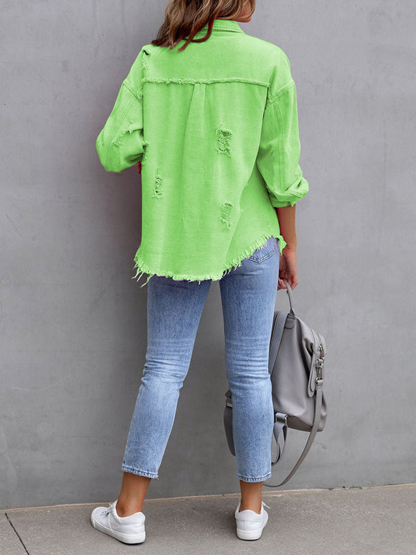 Oversized shirt jacket with frayed edges and chest pockets