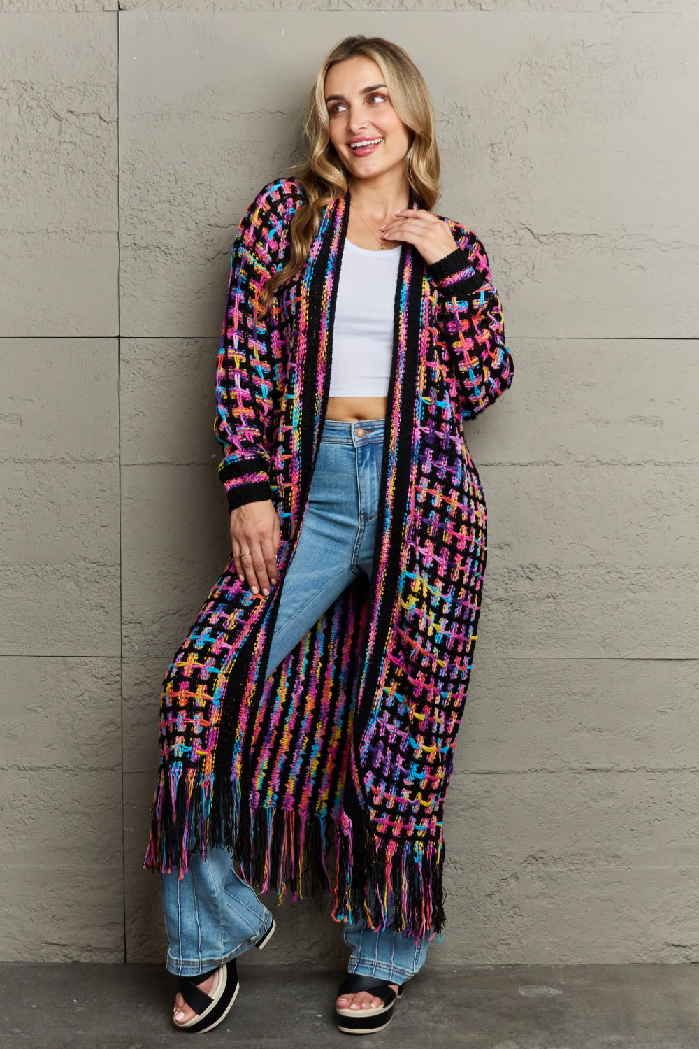 Women's longline fringe cardigan in Rainbow