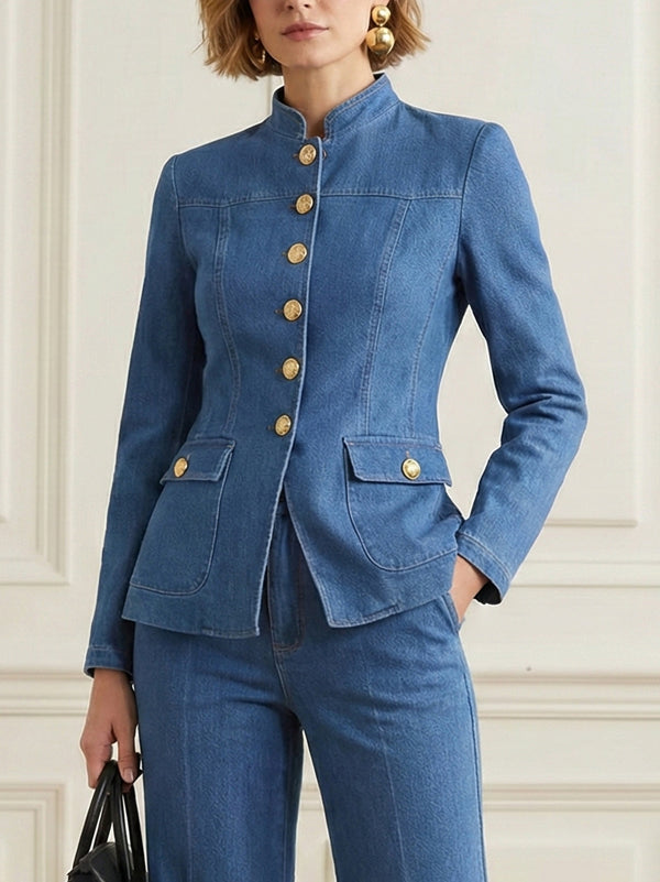 Fitted denim jacket with a stand collar and gold-tone buttons in denim blue