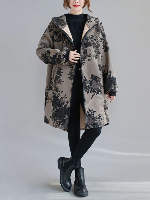 Grey hooded jacket printed with dark flowers and a full-length zip