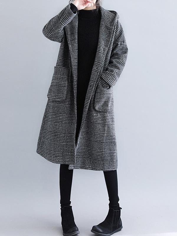 Hooded longline coat in a fine check with two patch pockets