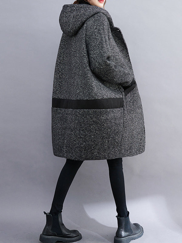 Grey herringbone hooded coat with ribbed cuffs and contrast pocket trims