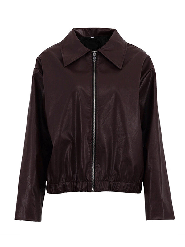 Chocolate brown faux leather jacket with a wide lapel collar and zip