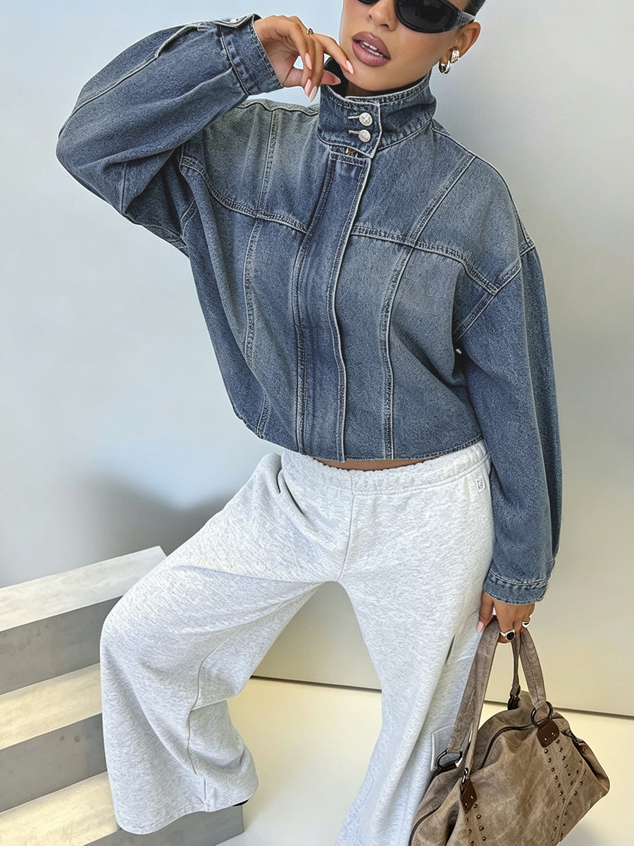 Cropped denim jacket with a high stand collar and balloon sleeves