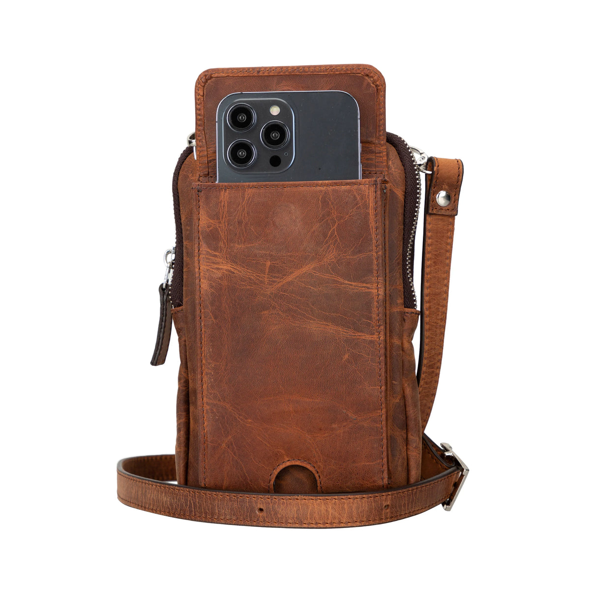 Leather Crossbody Phone Bag in Tan Brown