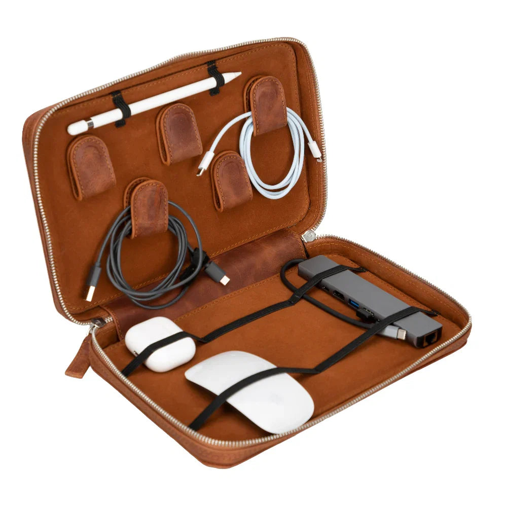 Leather Cable Organiser in Brown