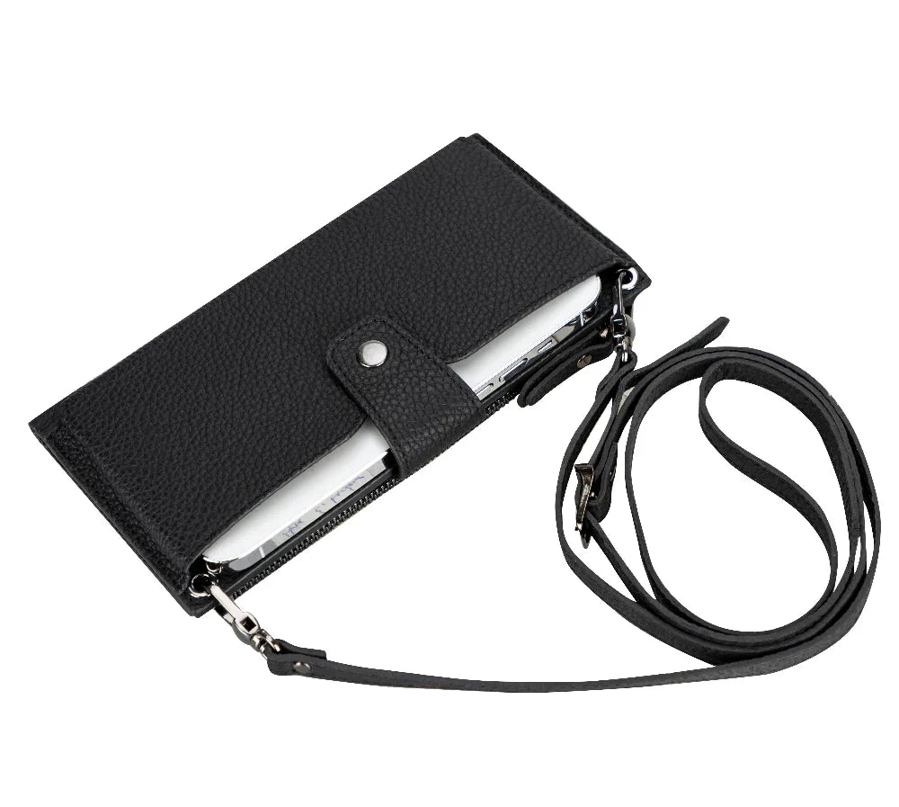 Leather Crossbody Phone Bag in Shadow Black