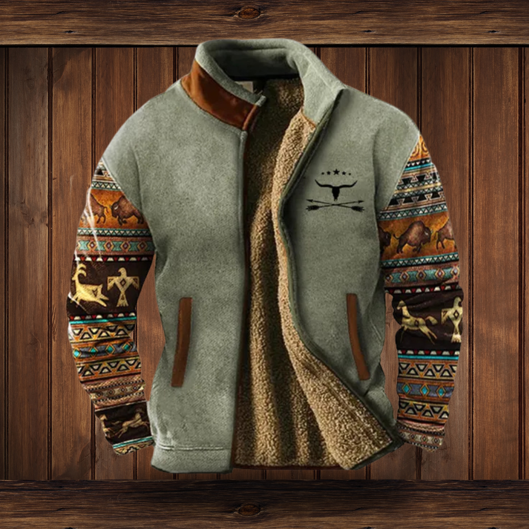 Men's fleece jacket with sherpa lining in Grey Green with Pattern