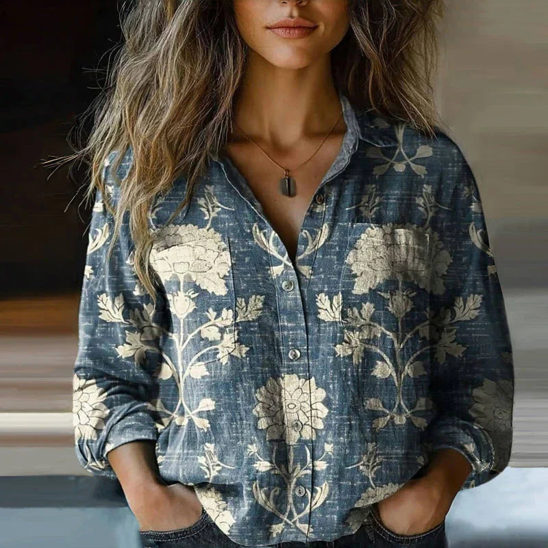 Women's Top - Bohemian Pattern Vintage Blouse in Green