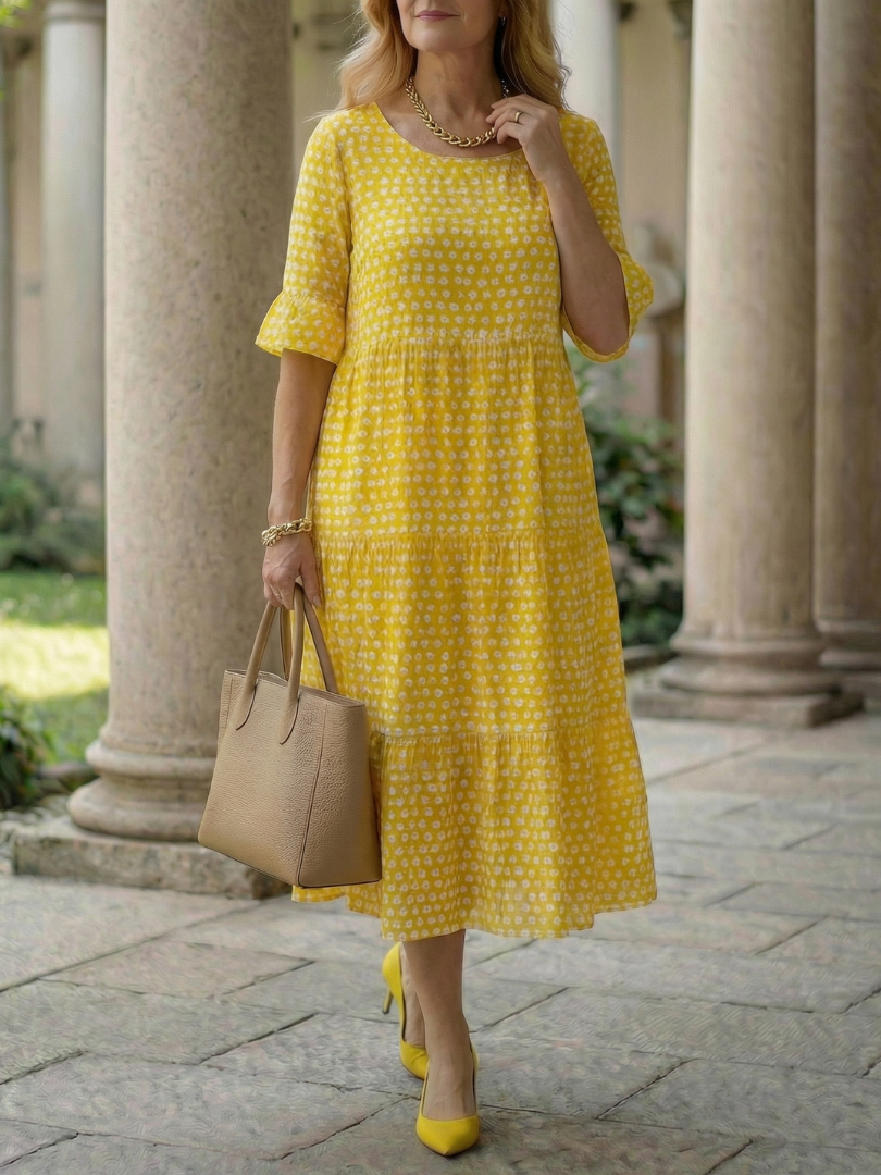 Women's Polka Dot Tiered Midi Dress Short Sleeve – Saint Dor UK – angle view