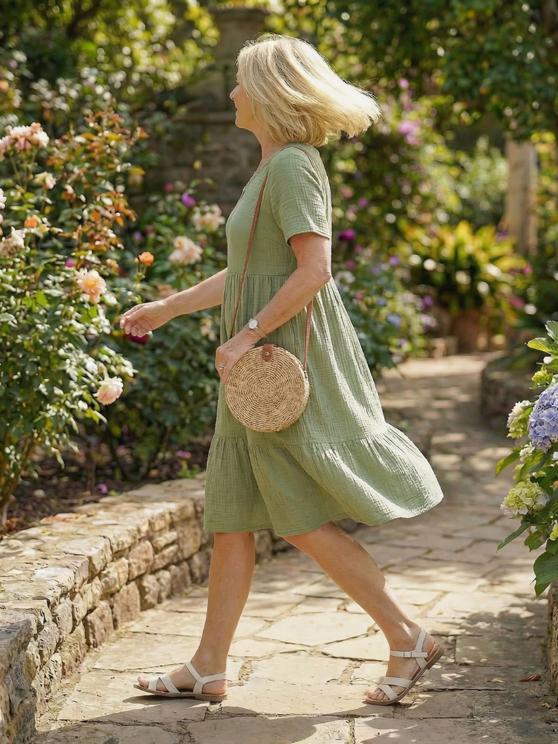 Women's Woven Knee-Length Dress with Gathered Skirt – Saint Dor UK – angle view