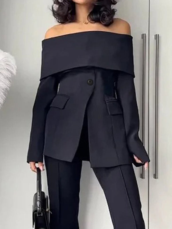 Black off-shoulder blazer with a wide fold-over bardot neckline in black