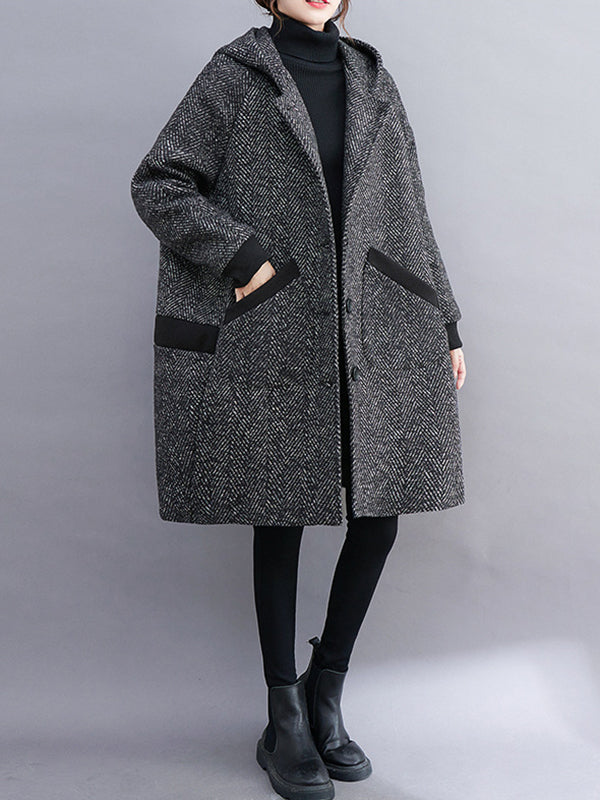 Grey herringbone hooded coat with ribbed cuffs and contrast pocket trims