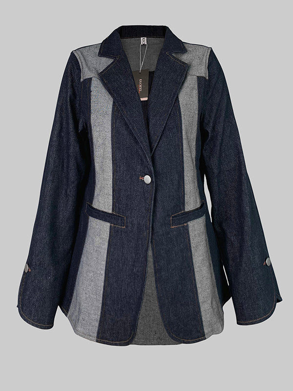 Fitted indigo denim blazer with pale grey contrast panels in indigo