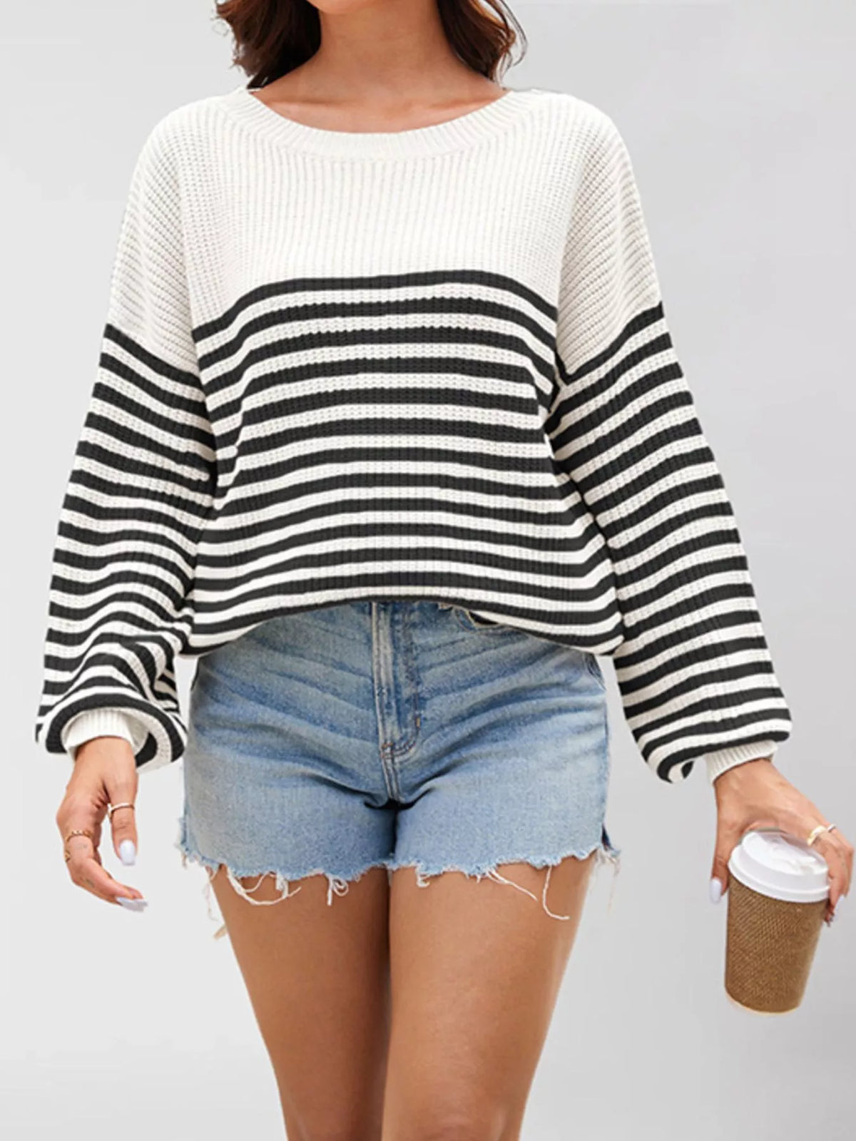 Women's fine stripe knit jumper in Black and Cream