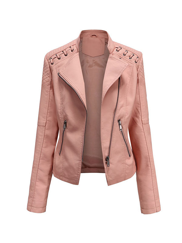 Faux leather biker jacket with lacing across the shoulders in pink