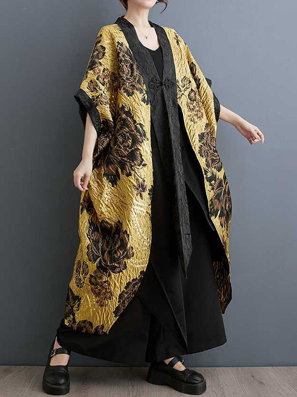 Gold brocade jacket with raised black flowers and batwing sleeves in gold and black