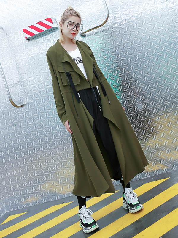 Longline duster coat with a draped lapel and a drawstring waist in army green
