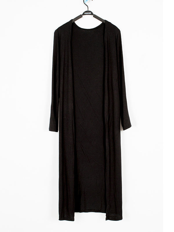 Light longline cardigan hanging open with dropped shoulders in black