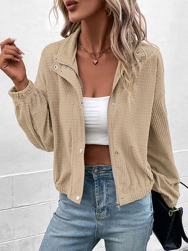 Cropped corduroy bomber jacket with a stand collar and zip front
