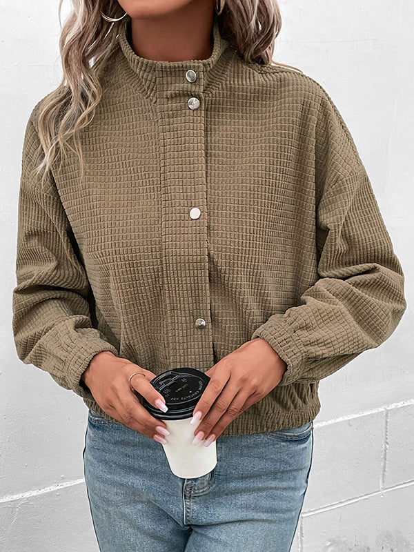 Cropped corduroy bomber jacket with a stand collar and zip front