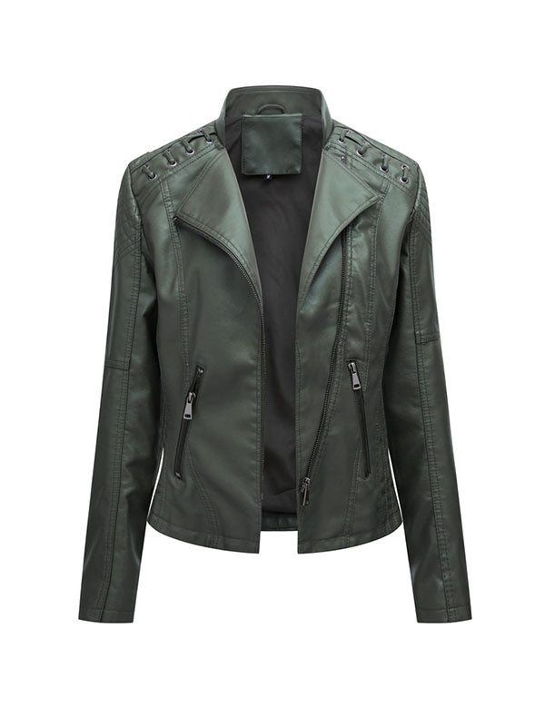 Faux leather biker jacket with lacing across the shoulders in olive