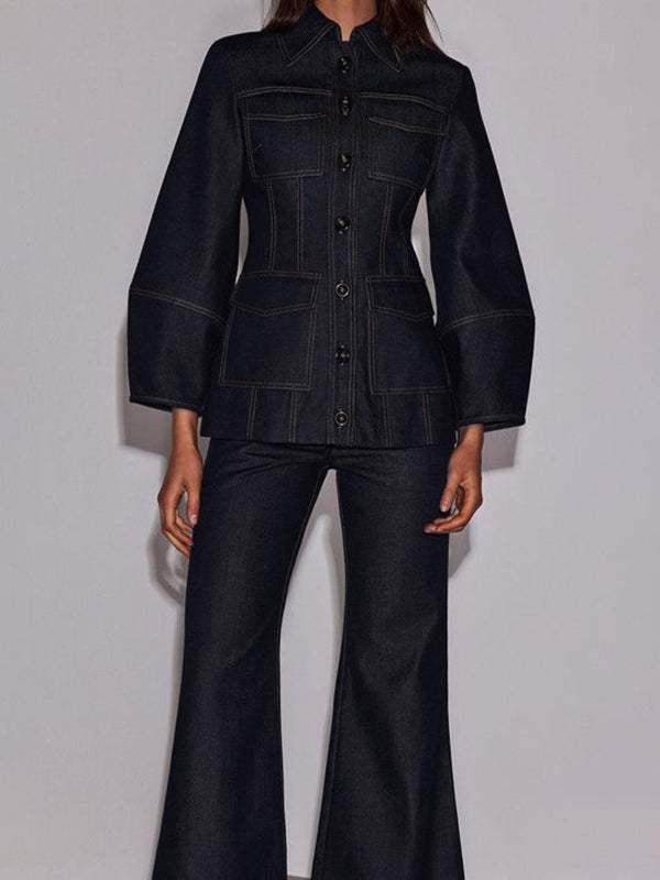 Indigo denim jacket with puff sleeves and four patch pockets