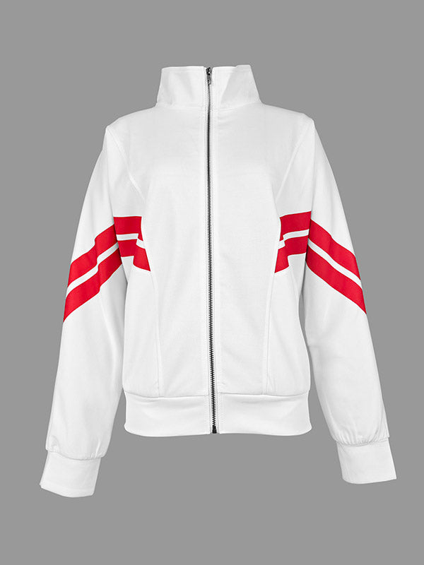 White track jacket with twin red stripes across the sleeves