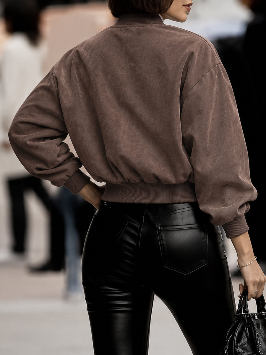 Cropped bomber jacket in soft coffee suede-look cloth
