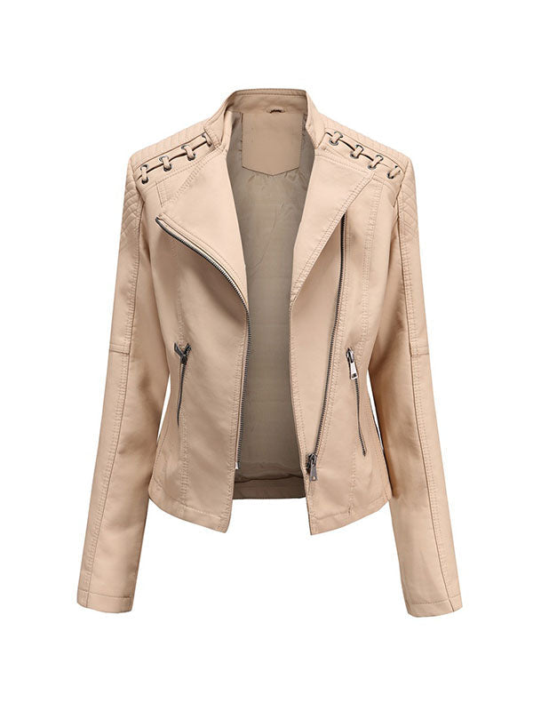 Faux leather biker jacket with lacing across the shoulders in khaki