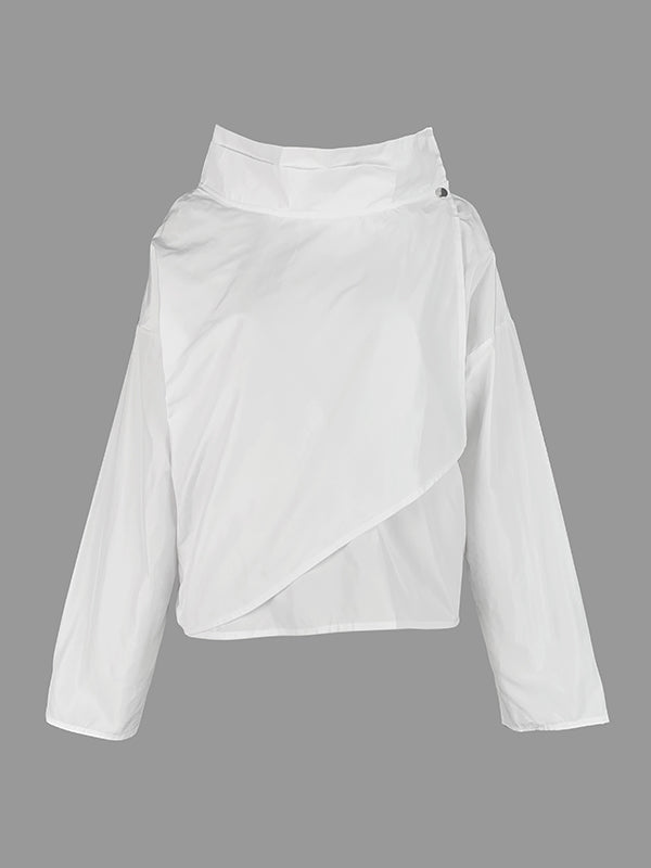 Draped jacket with an asymmetric fold-over front and stand collar