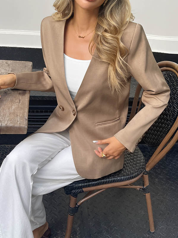 Khaki collarless blazer with a round neckline and two buttons