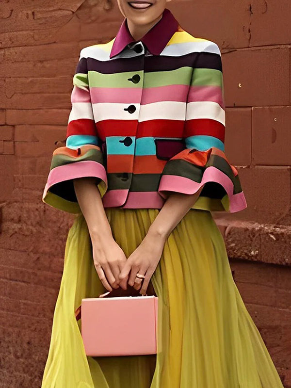 Short striped jacket in bright colour bands with flared sleeves in multicolour stripe