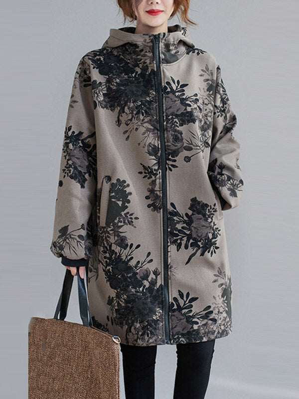 Grey hooded jacket printed with dark flowers and a full-length zip in grey floral