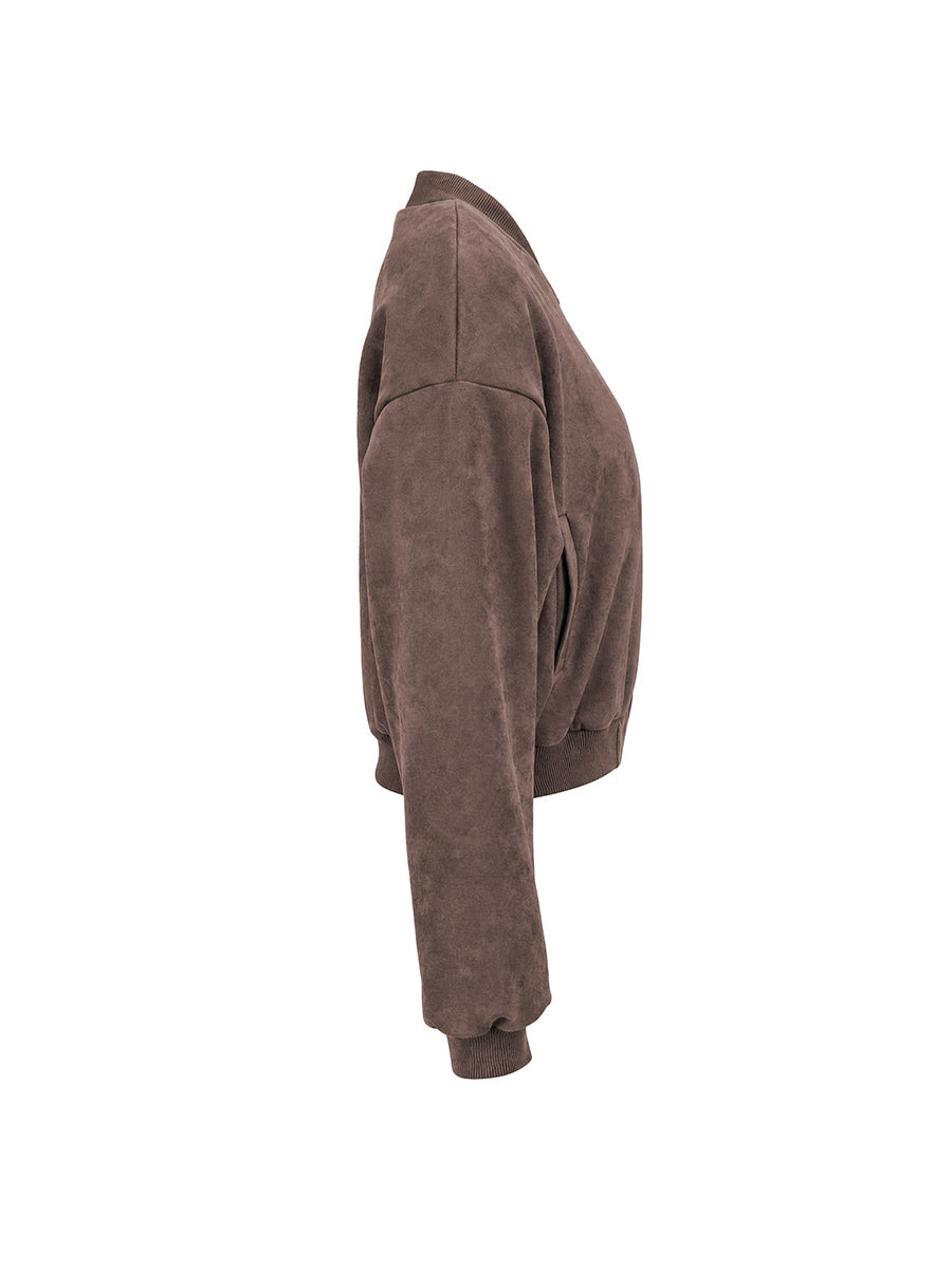 Cropped bomber jacket in soft coffee suede-look cloth
