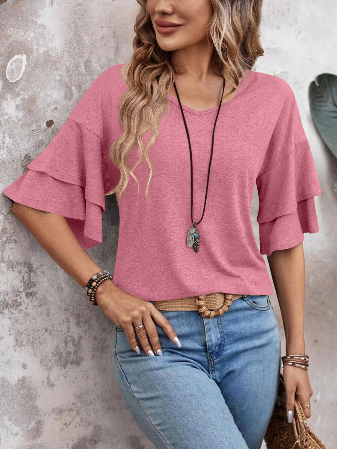 Women's layered flutter sleeve blouse - detail