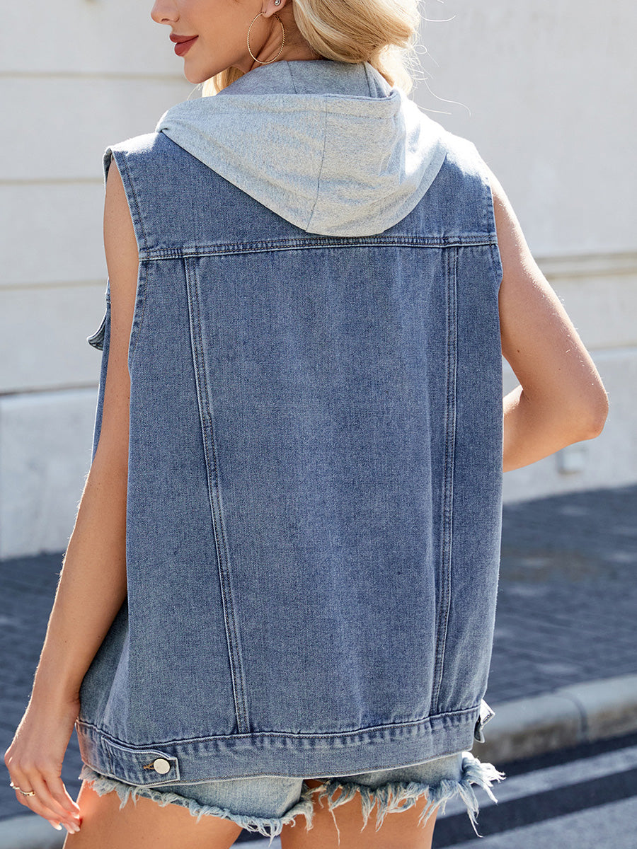 Sleeveless denim gilet with a detachable hood and chest pockets
