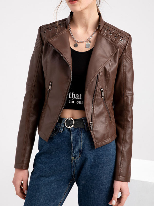 Faux leather biker jacket with lacing across the shoulders