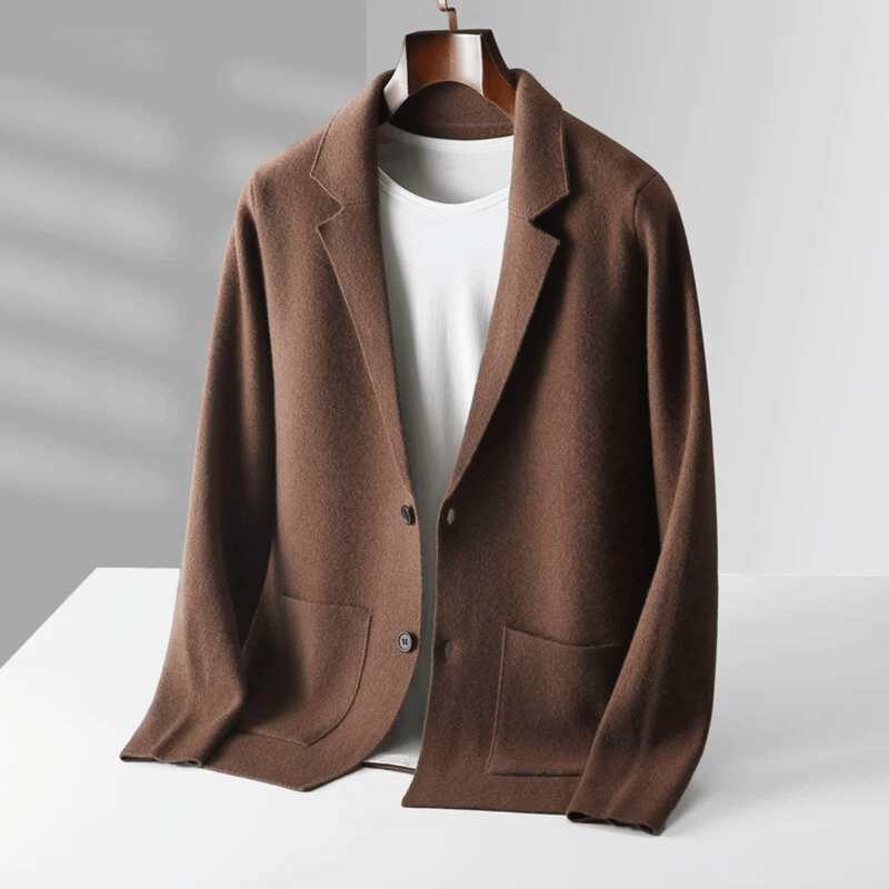Knitted blazer cardigan showing notch lapels and buttons