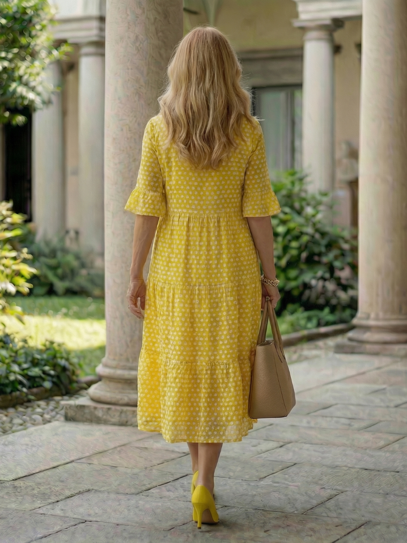 Women's Polka Dot Tiered Midi Dress Short Sleeve – Saint Dor UK – close-up