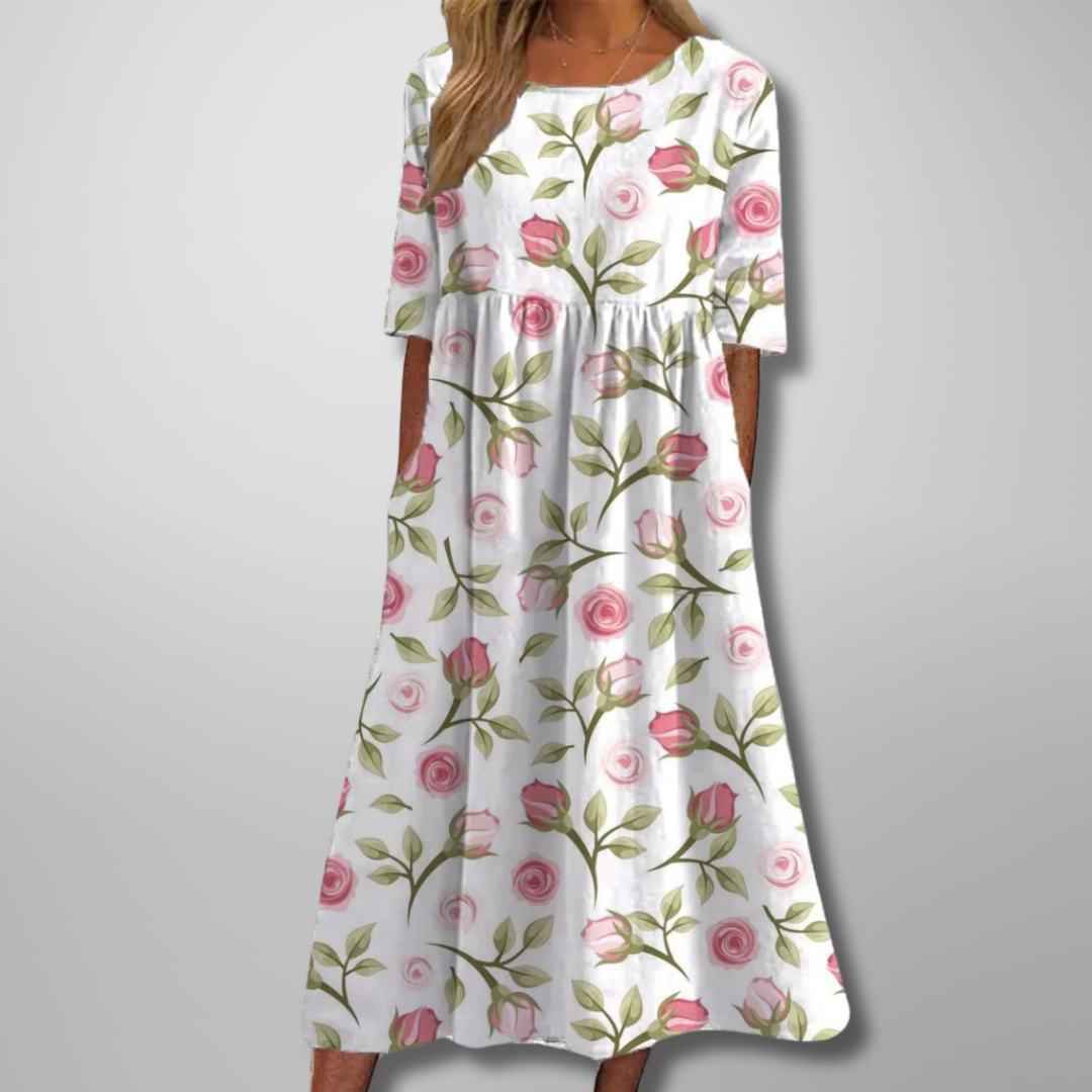 Women's Dress - Relaxed Floral Midi Dress in Light Yellow