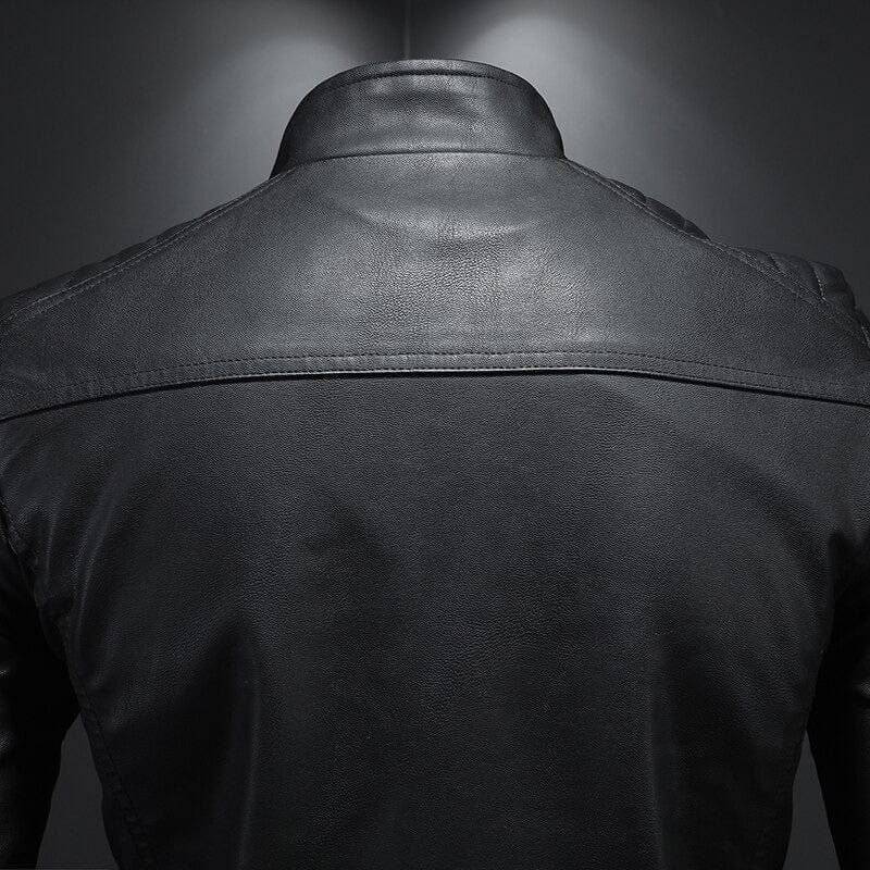 Men's Ribbed Shoulder Open Collar Leather Jacket – Saint Dor UK – close-up