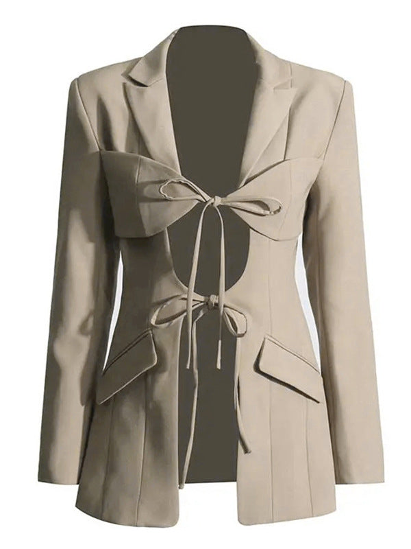 Tie-front blazer with a notch lapel and two flap pockets in apricot