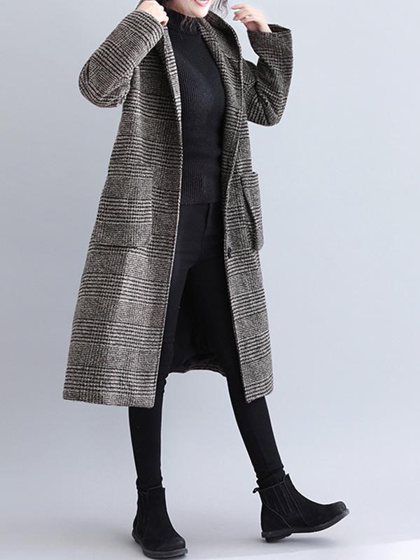 Hooded longline coat in a fine check with two patch pockets