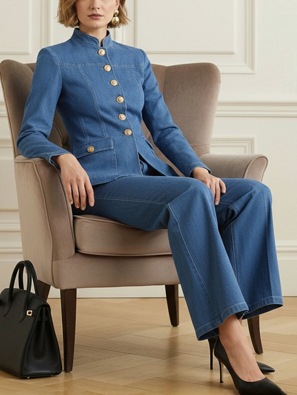 Fitted denim jacket with a stand collar and gold-tone buttons