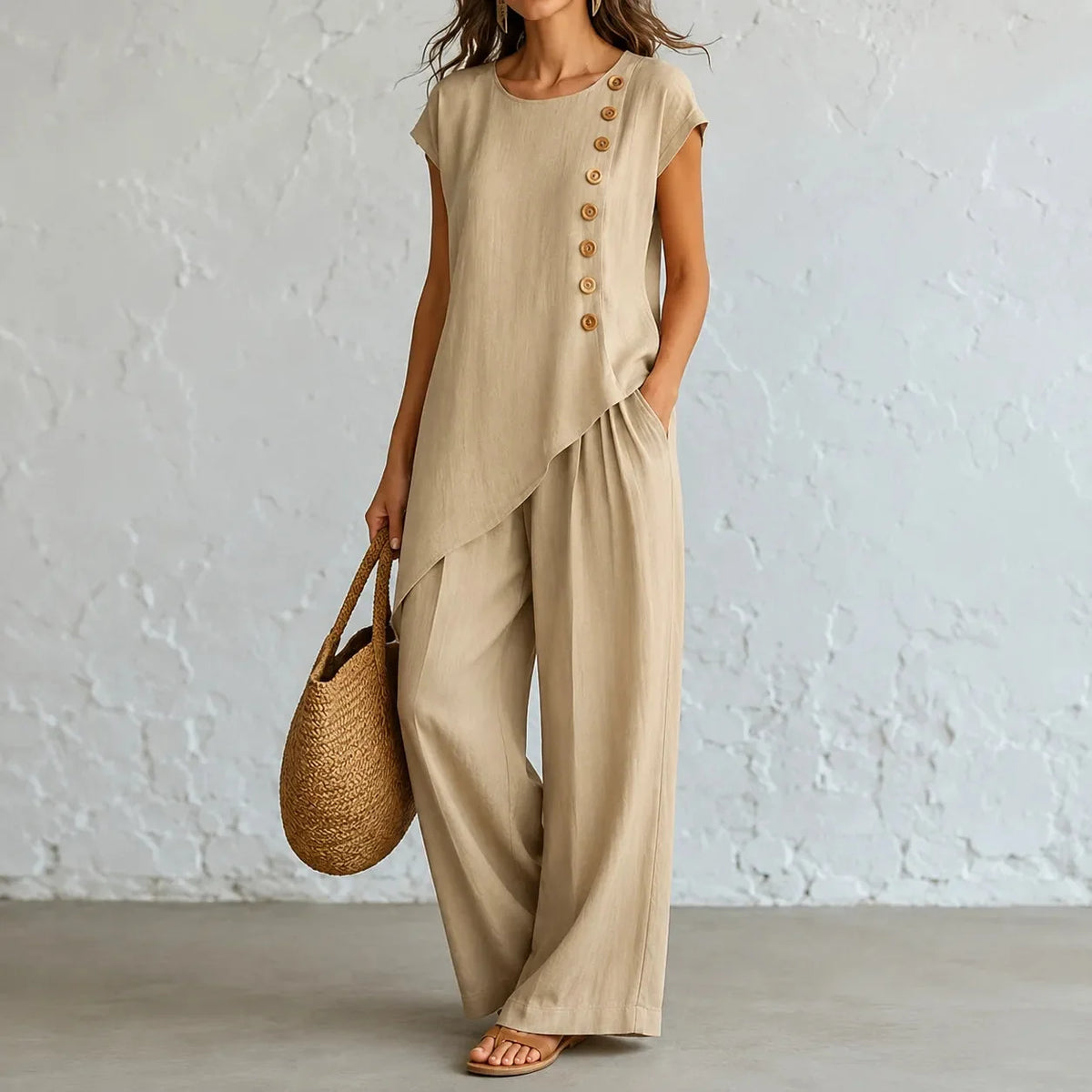Women's two-piece set with asymmetric hem in Beige